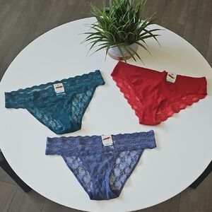 B. Tempt'd Set of Three Lace Panties - Red, Blue, and Teal